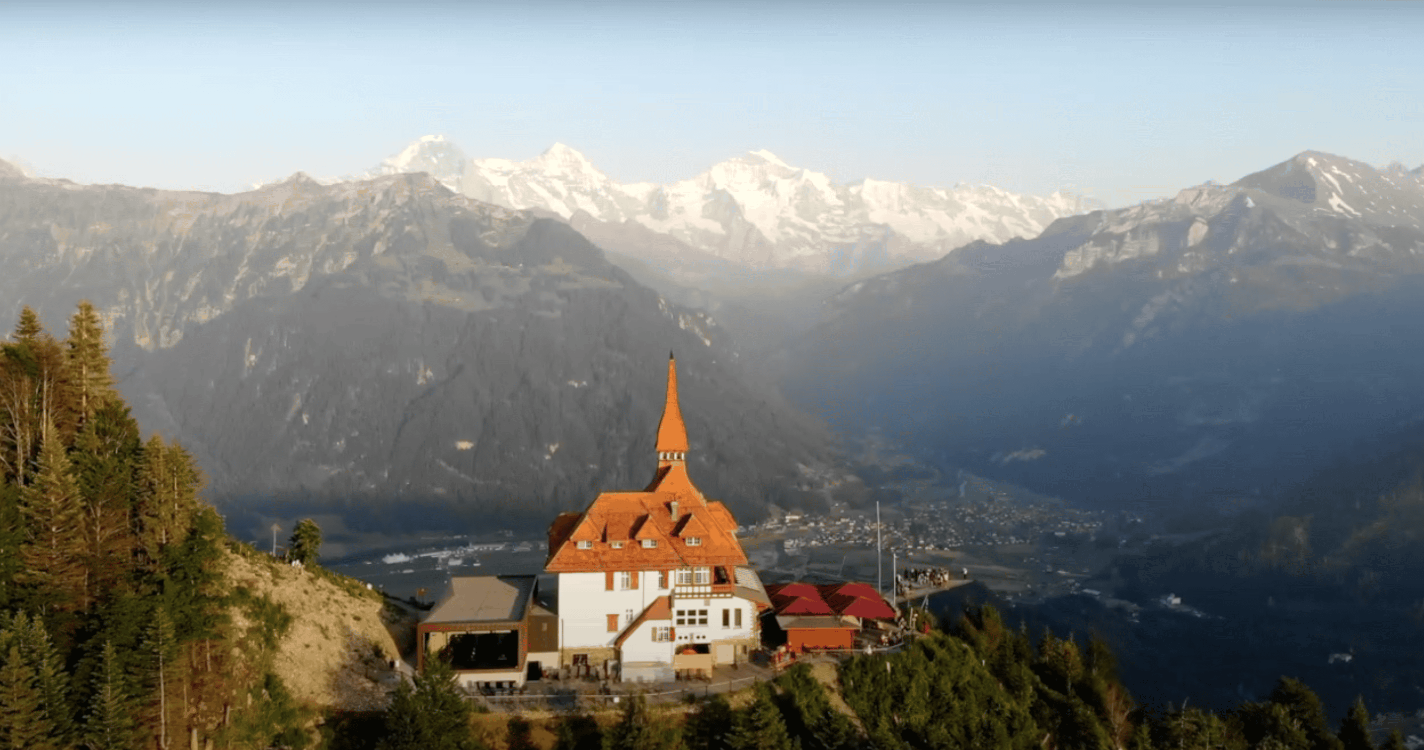 A drone shot of Harder Kulm in Interlaken, Switzerland. This is one of the main attractions in the area and why people like to visit.